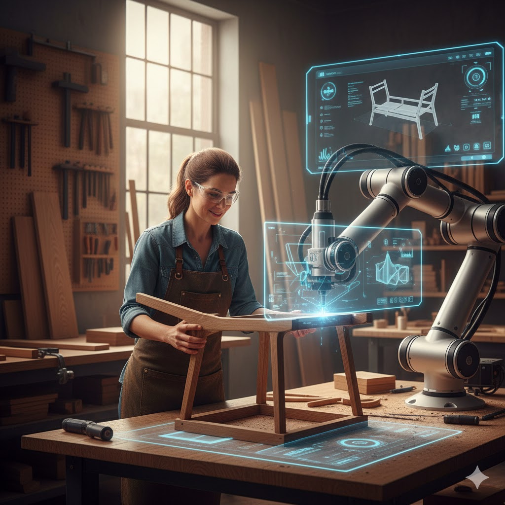 이미지 출처: AI 생성 이미지(콘텐츠 이해를 돕기 위한 시각 자료, 실제 인물을 특정하지 않은 AI 생성 이미지)
AI 기술과 디지털 제작 환경이 결합된 가구 제작 이미지. 가구 제작 분야는 자동화 기술이 확산되더라도, 최종 품질 판단과 감수는 여전히 사람의 역할로 남는 실무 중심 기술 영역입니다.