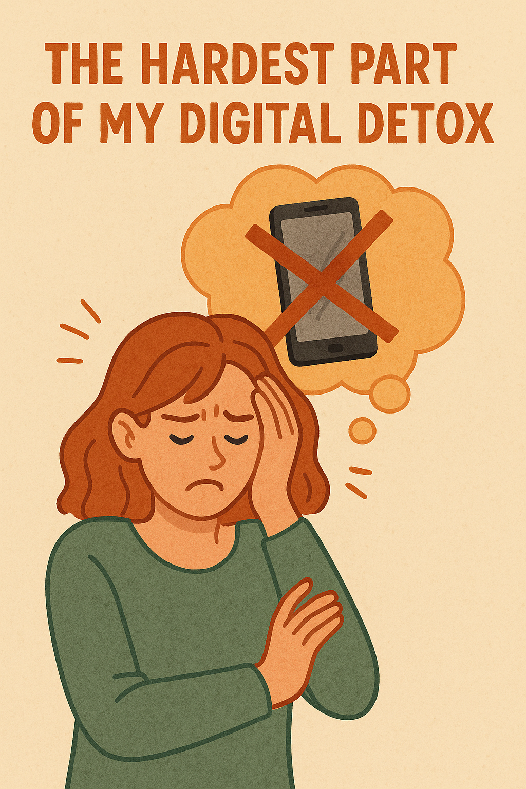 긴 머리의 여성이 스트레스를 받은 듯한 표정으로 이마를 짚고 있다. 머리 위 생각 구름 속에는 빨간 X 표시가 그려진 스마트폰이 보이며, 상단에는 “THE HARDEST PART OF MY DIGITAL DETOX”라는 문구가 적혀 있다.