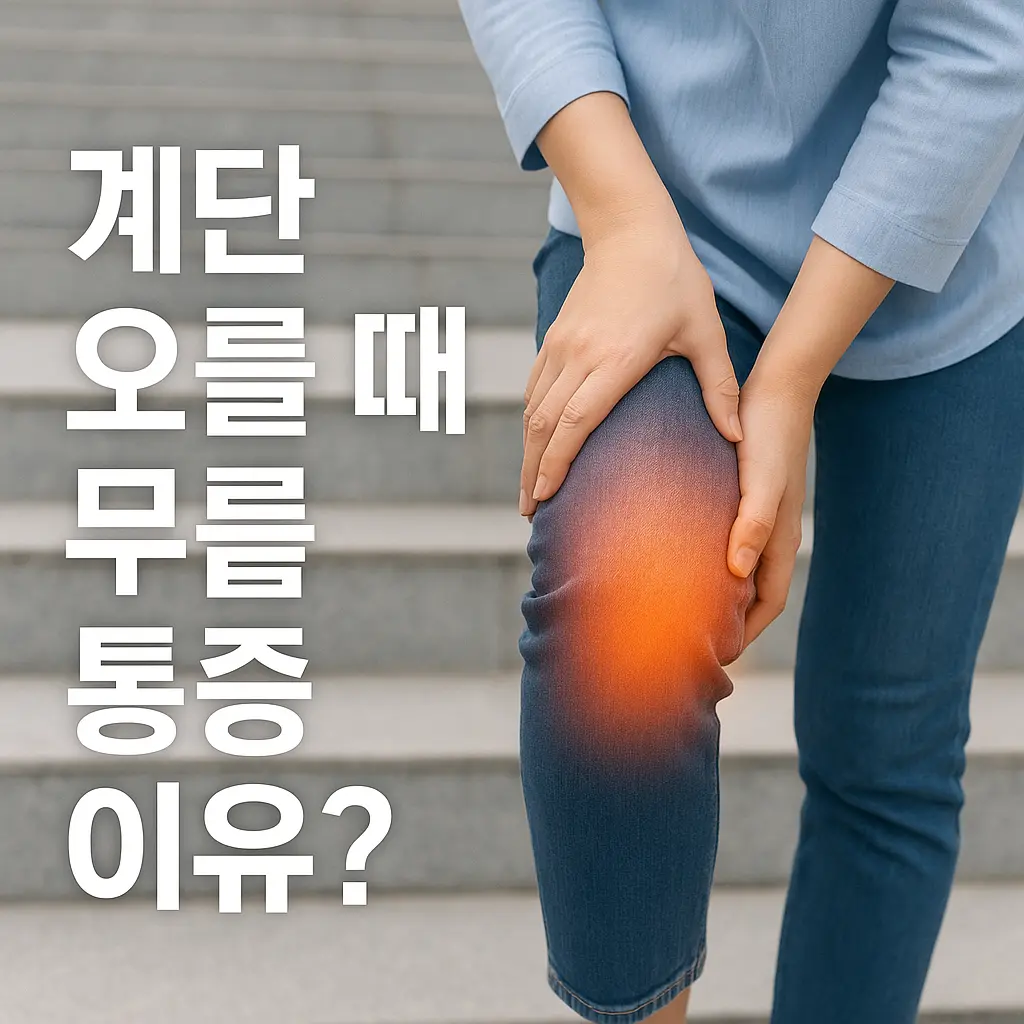 계단을 오르며 무릎을 짚고 있는 여성의 모습과 함께, 무릎 부위에 통증을 나타내는 붉은빛 효과가 더해진 이미지. 왼쪽에는 &lsquo;계단 오를 때 무릎 통증 이유?&rsquo;라는 한글 문구가 크게 표시되어 있는 건강 정보 썸네일