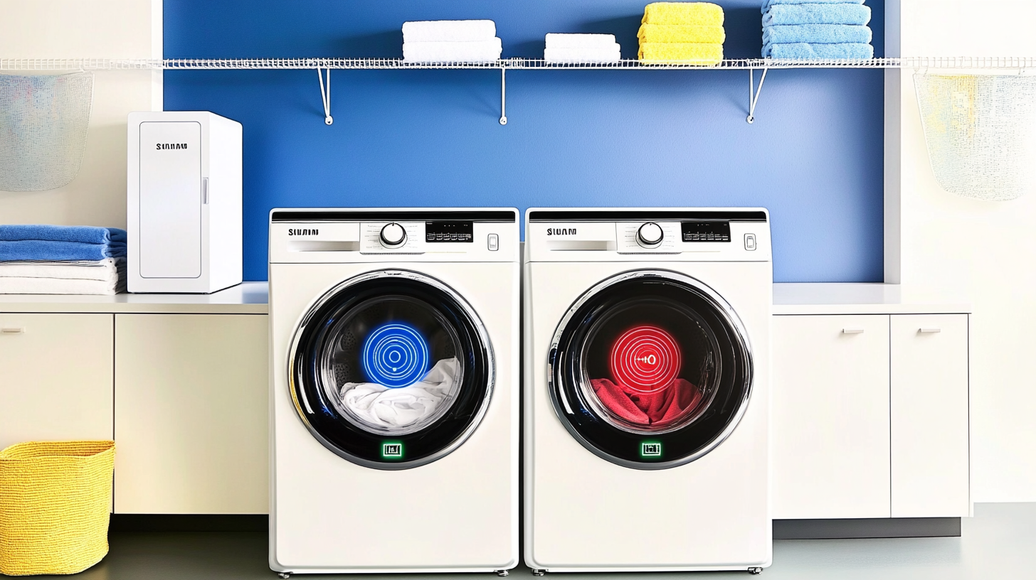 현대적인 세탁실에서 삼성 AI 세탁기와 건조기가 나란히 배치되어 스마트폰과 연동된 제어 화면을 보여주는 장면.
