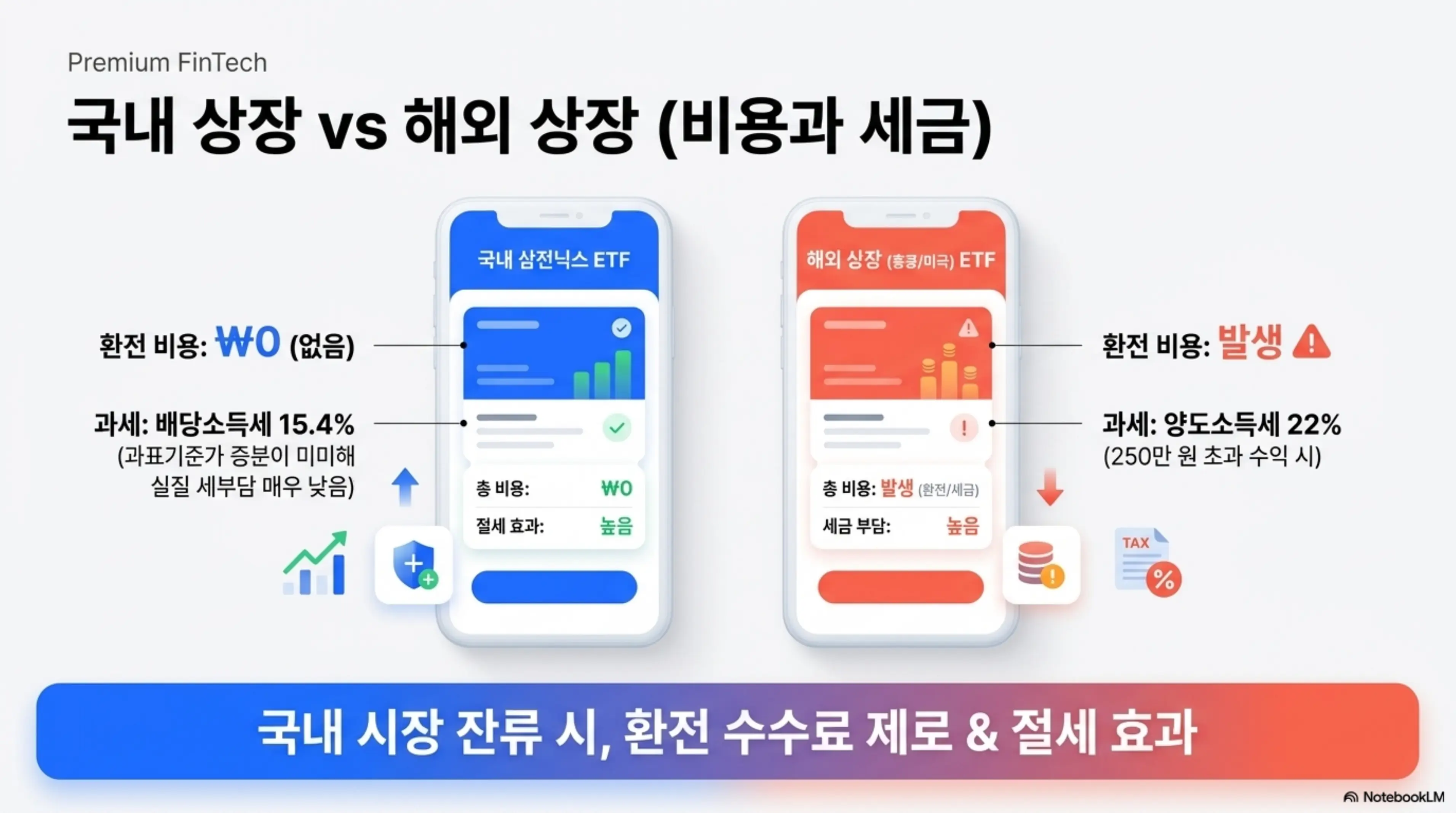 삼전닉스 레버리지 ETF의 국내 상장 상품과 해외 상장 상품의 세금 및 비용 차이를 비교한 인포그래픽. 국내 상품의 환전 비용 제로와 낮은 세 부담 장점 및 해외 상품의 양도소득세 22% 부담을 스마트폰 화면 형식으로 대비하여 보여주는 이미지