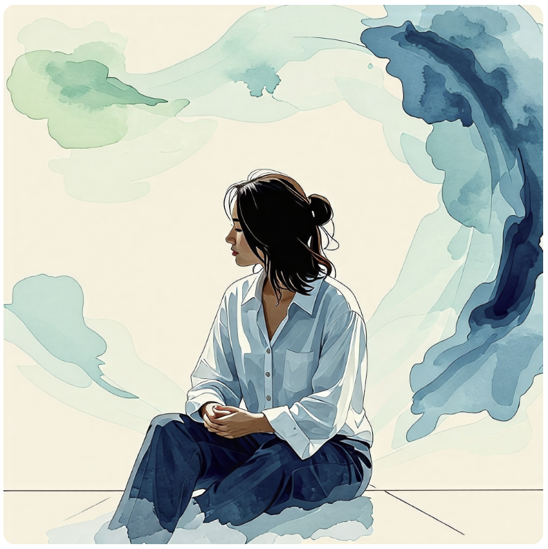 자신의 마음을 들여다보고 이해하려고 하는 동양 사람의 모습이 편안하고 밝은 분위기의 수채화풍으로 그려져 있다
