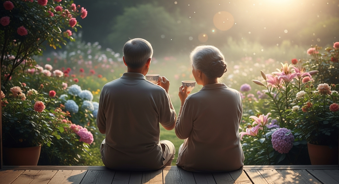 따뜻한 햇살 아래서 여유롭게 차를 마시는 노부부의 뒷모습