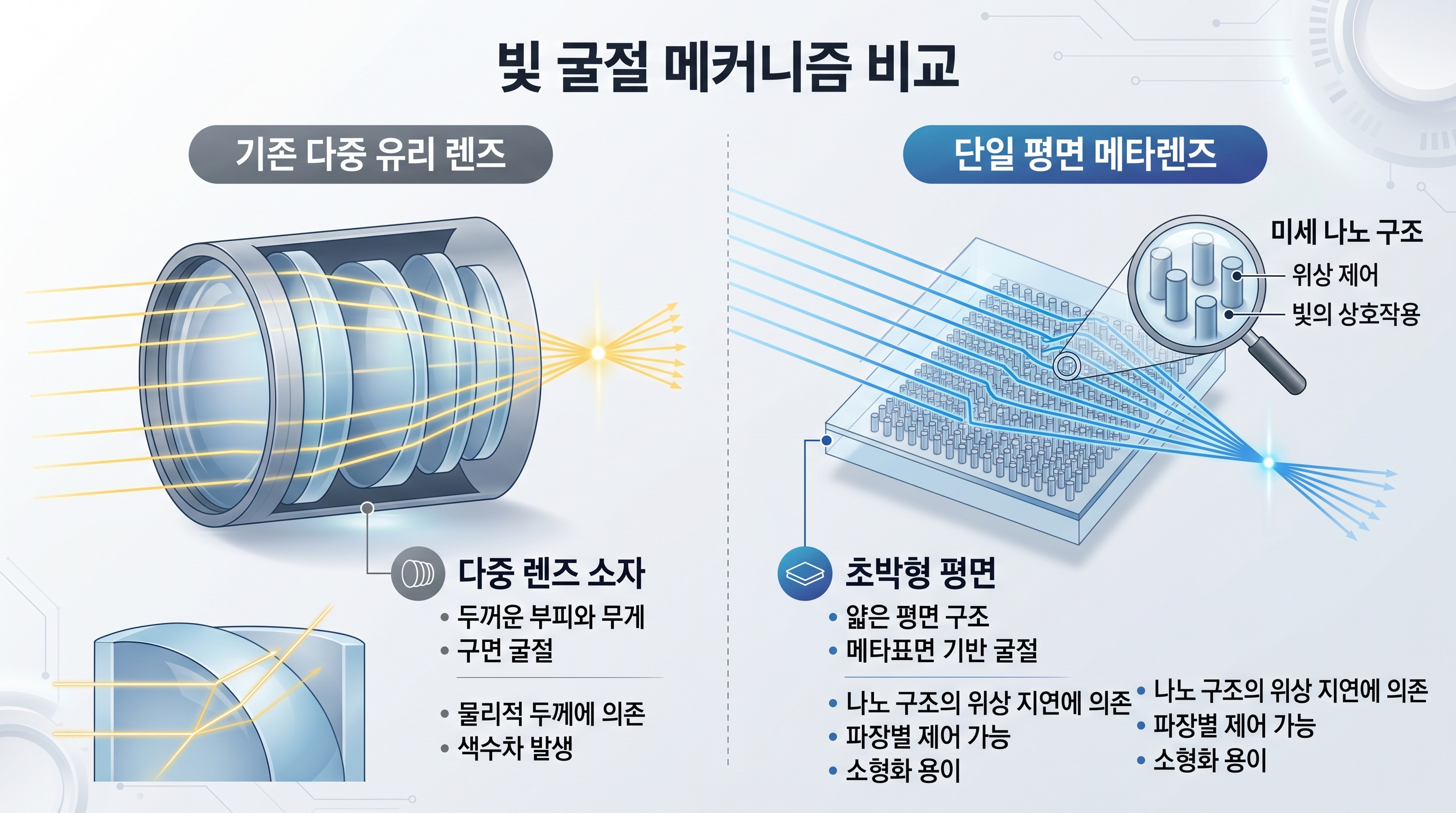 기존 다중 유리 렌즈(좌)와 단일 평면 메타렌즈(우)의 빛 굴절 메커니즘 비교