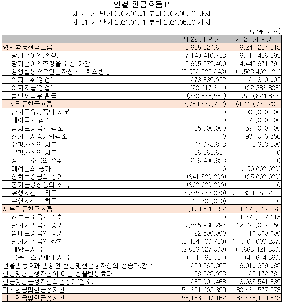 에스앤에스텍 - 현금흐름표