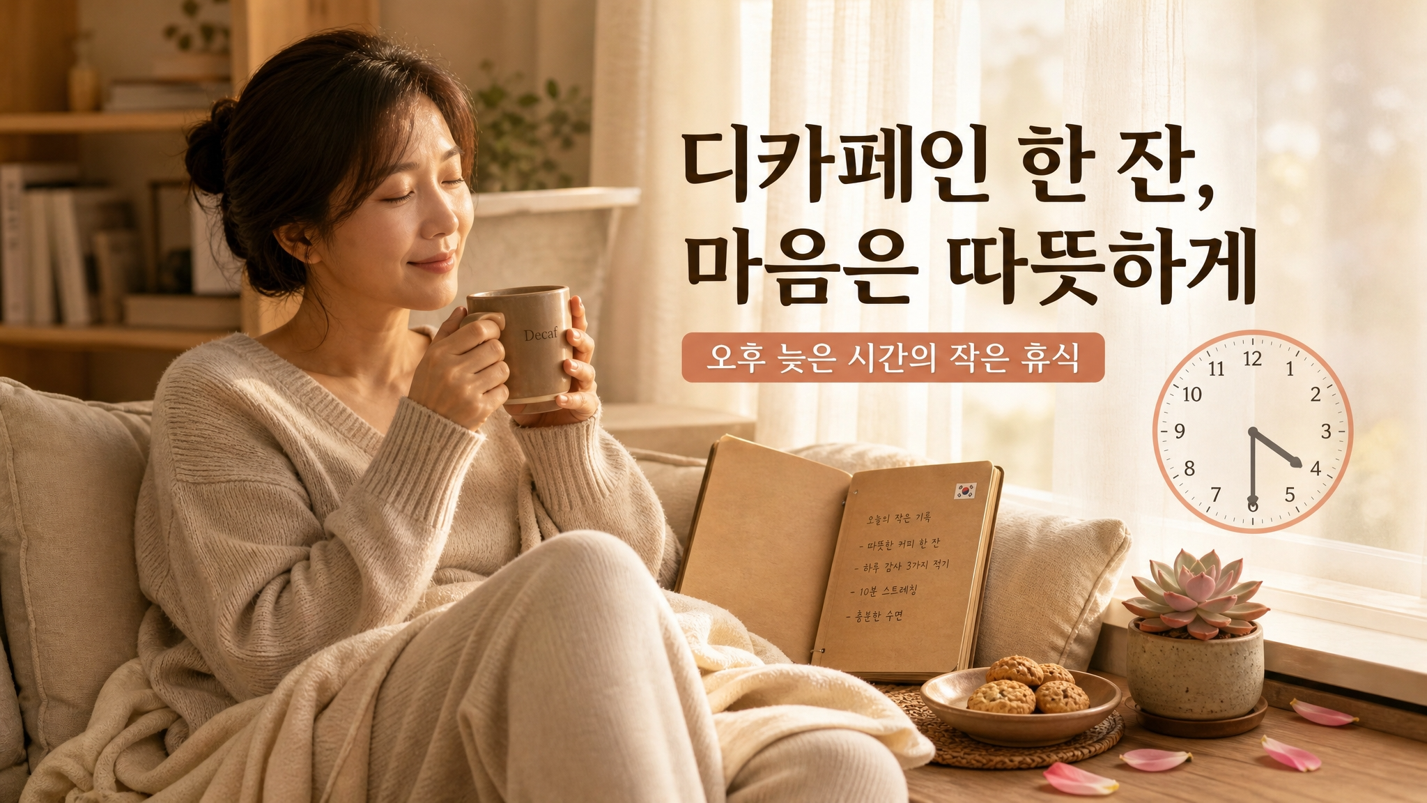 오후 늦게 디카페인 커피를 마시며 휴식을 취하는 사람의 이미지