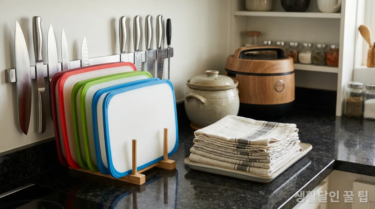 색깔별로 구분된 칼과 도마가 정돈된 한국 주방