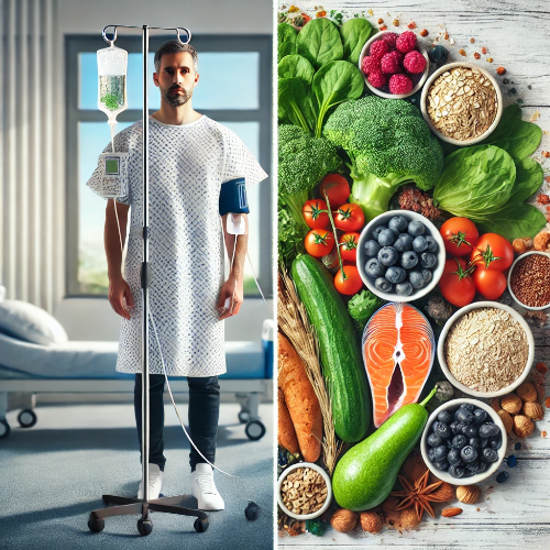 당뇨 환자와 건강 식단: 링거를 꽂고 서 있는 환자와 당뇨 관리에 좋은 채소, 통곡물, 연어 등의 음식