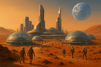 화성에 건설된 미래 도시의 상상도. 붉은 행성 위로 사람들이 오가는 모습과 푸른 지구가 멀리 보이는 장면