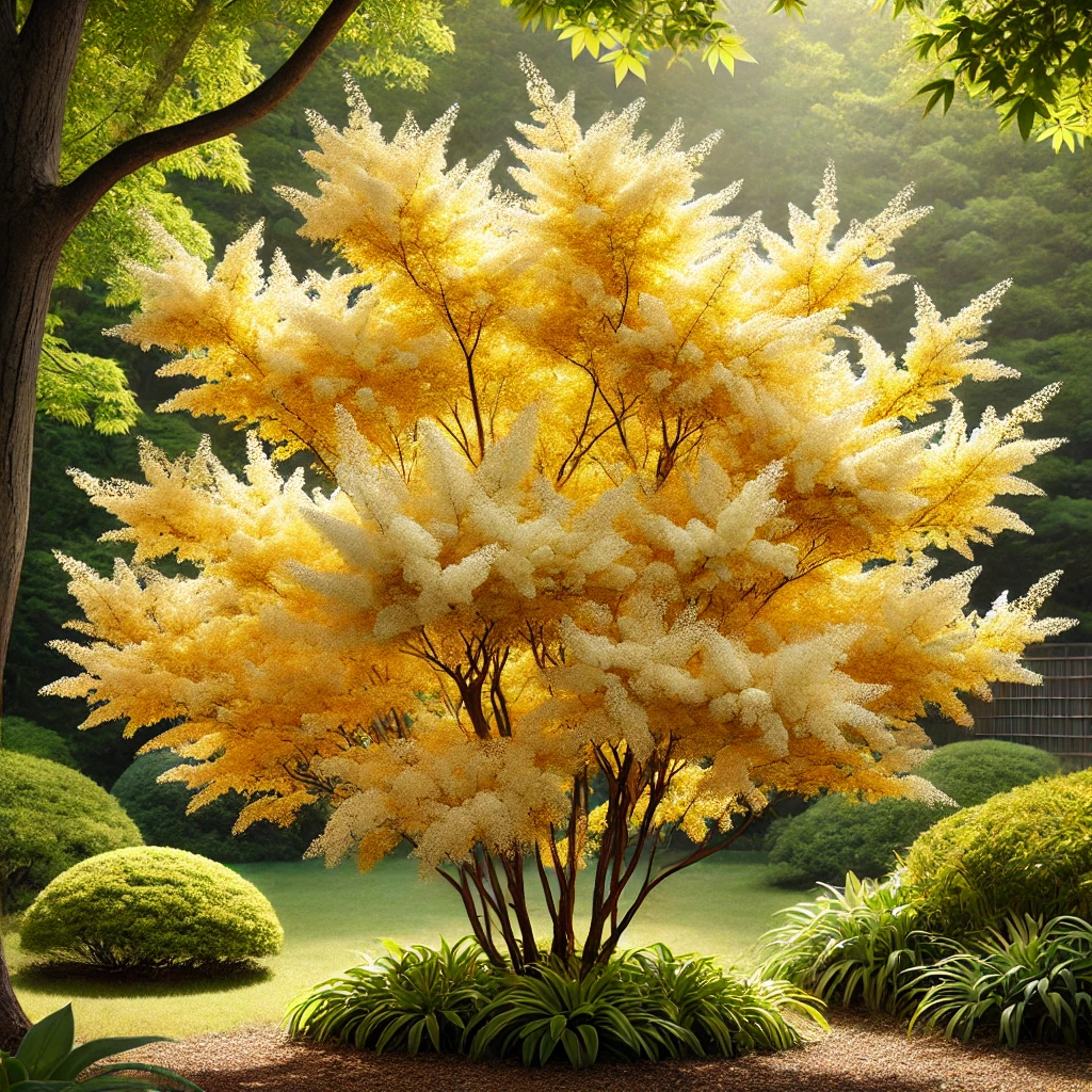아름답게 핀 황금조팝나무(Spiraea prunifolia var. simpliciflora)가 황금빛 잎사귀와 작은 하얀 꽃들로 가득 덮여 있는 모습입니다. 이 나무는 밝은 햇빛이 내리쬐는 정원에 서 있으며, 주변에는 푸른 식물들이 가득합니다. 황금색 잎은 반짝이고, 섬세한 하얀 꽃들은 부드럽고 환한 대조를 이루고 있습니다. 나무는 건강하게 잘 관리된 상태로, 바람에 부드럽게 흔들리고 있습니다. 배경은 평화로운 푸른 정원 풍경으로 고요한 분위기를 연출하고 있습니다.