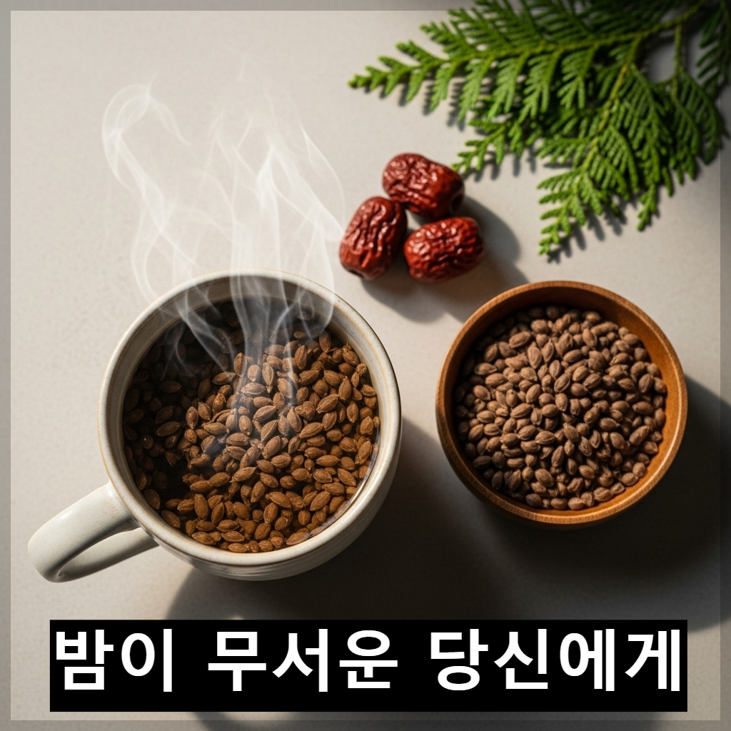 신경 안정과 숙면에 도움을 주는 백자인 씨앗과 따뜻한 백자인 차 이미지