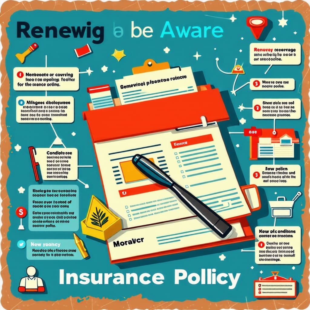 보험 갱신 시 주의해야 할 사항을 정리한 이미지. 변경 사항이나 새로운 조건에 대한 이해를 돕습니다.