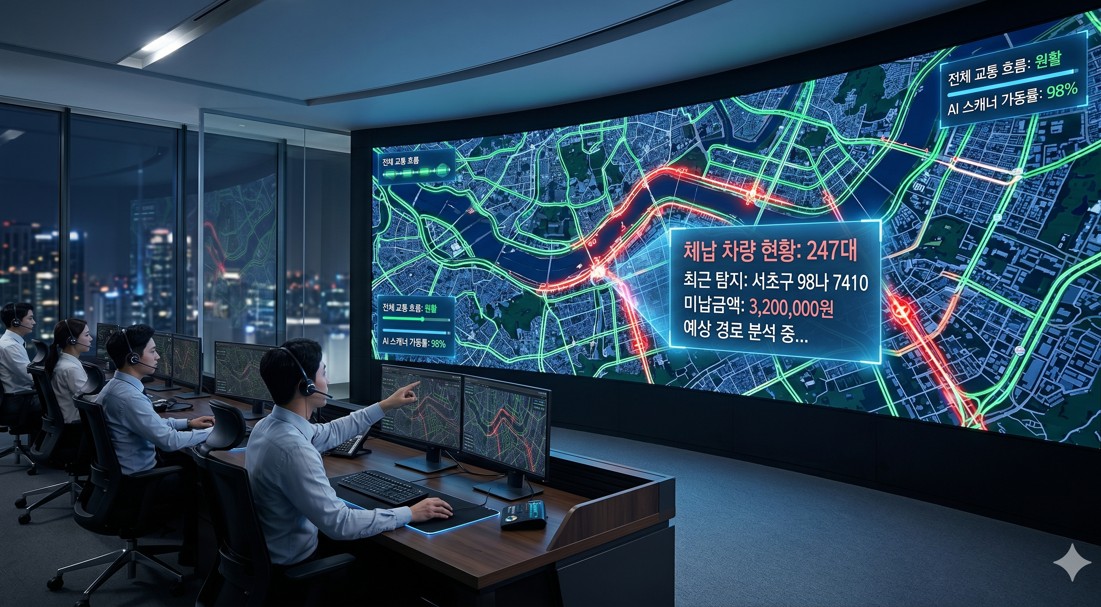 도시 관제 센터에서 거대한 스크린에 실시간 체납 차량 이동 경로가 지도로 표시되는 장면