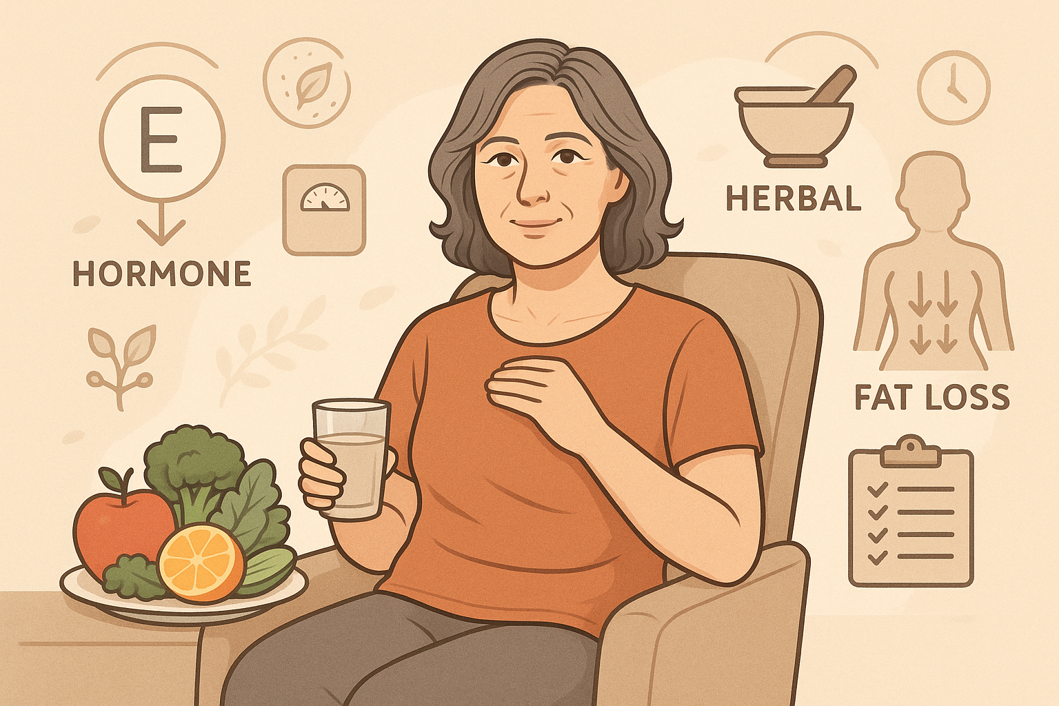 중년 여성이 건강한 식단과 한방요법, 호르몬 관리로 갱년기 다이어트에 집중하는 모습