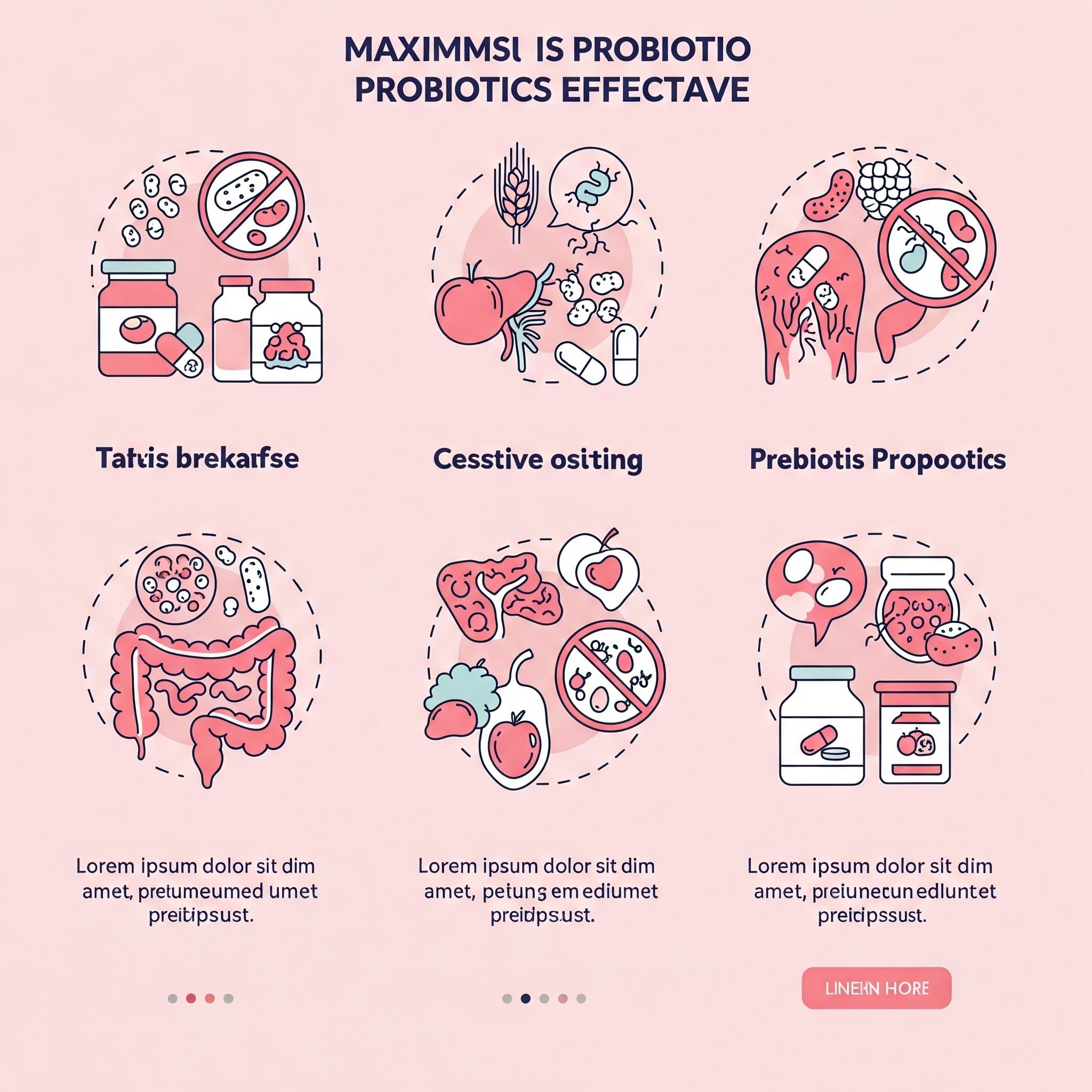 유산균 효과 극대화를 위한 5단계 섭취법을 단계별로 보여주는 일러스트, 아침 식사 후 섭취, 프리바이오틱스 함께 섭취 등의 방법을 시각적으로 명확하게 표현과 어울리는 이미지