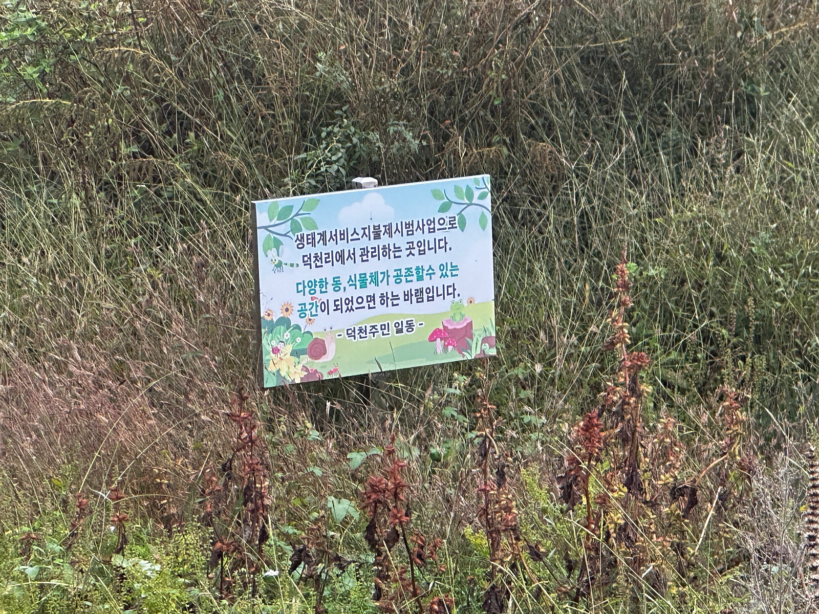 덕천리주민들이-세워놓은간판-다양한-동&amp;#44;식물체가-공존할수있는공간이되었으면-한다는바램이적혀있다
