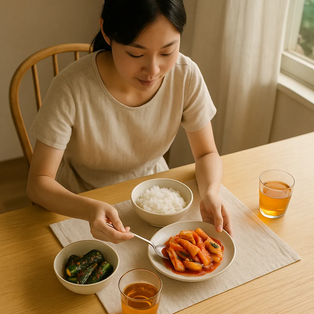 점심 식탁에 무김치를 담는 여성
