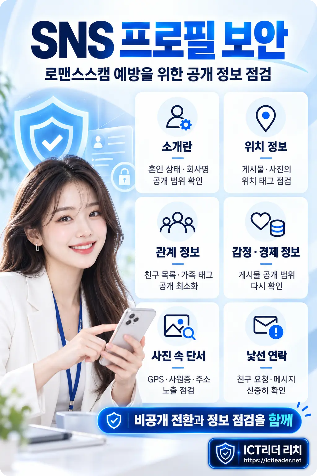 로맨스스캠 예방을 위해 SNS 소개란, 위치, 친구 목록과 사진 정보를 점검하는 여성 인포그래픽