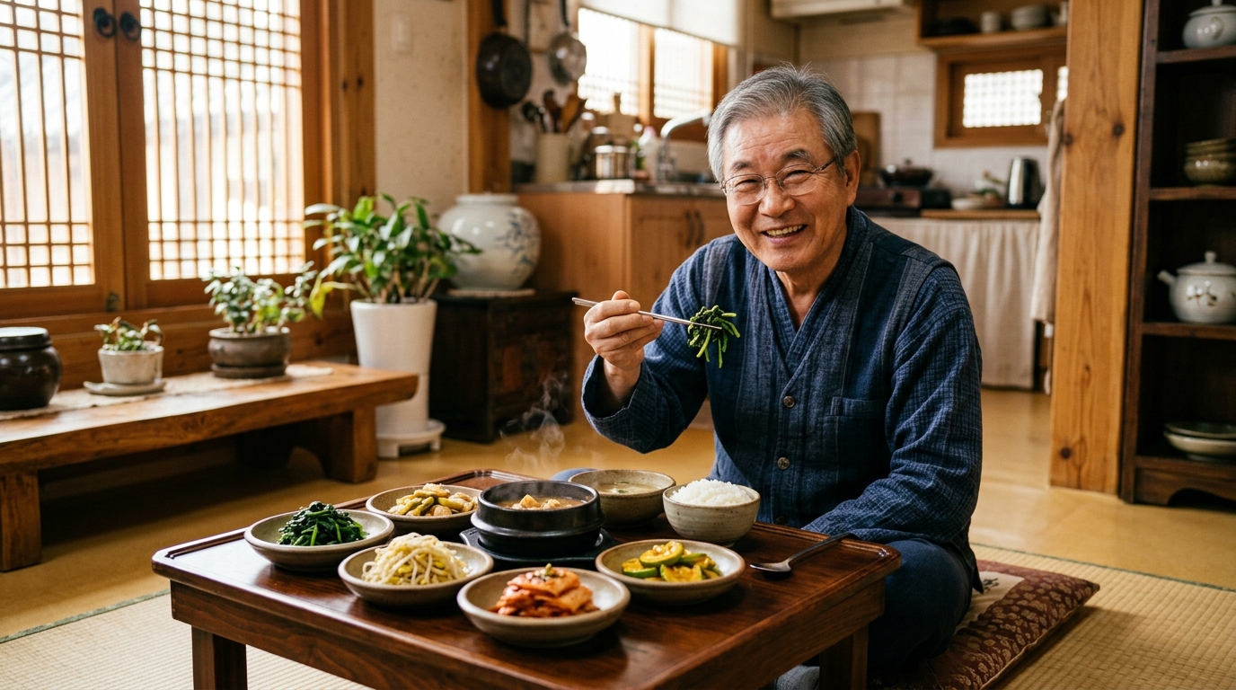 alt="채소를 먼저 먹는 올바른 식사 순서를 실천하는 한국 어르신 이미지"