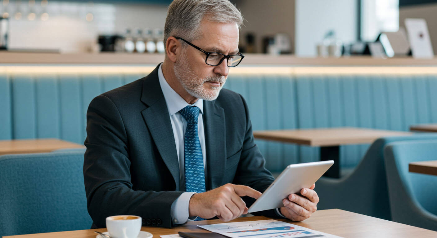 커피숍에서 패드를 들고 패드를 보고있는 중년남자