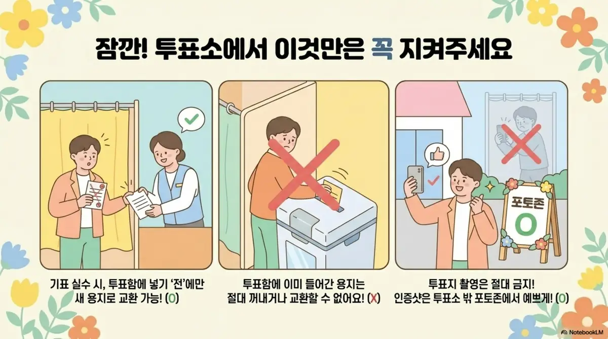 지방선거 투표 시간: 투표소에서 반드시 지켜야 할 주의사항 세 가지를 일러스트로 정리한 이미지. 기표 실수 시 투표함에 넣기 전에만 새 용지로 교환 가능하다는 것과 투표함에 이미 들어간 용지는 절대 꺼내거나 교환할 수 없다는 것 그리고 투표지 촬영은 절대 금지이며 인증샷은 투표소 밖 포토존에서만 가능하다는 안내가 포함되어 있다