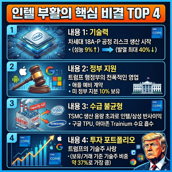 인텔의 주가 폭등과 부활을 이끈 기술력, 트럼프 정부 지원, 글로벌 수급 불균형 등 4가지 핵심 요약을 담은 카드 뉴스 이미지