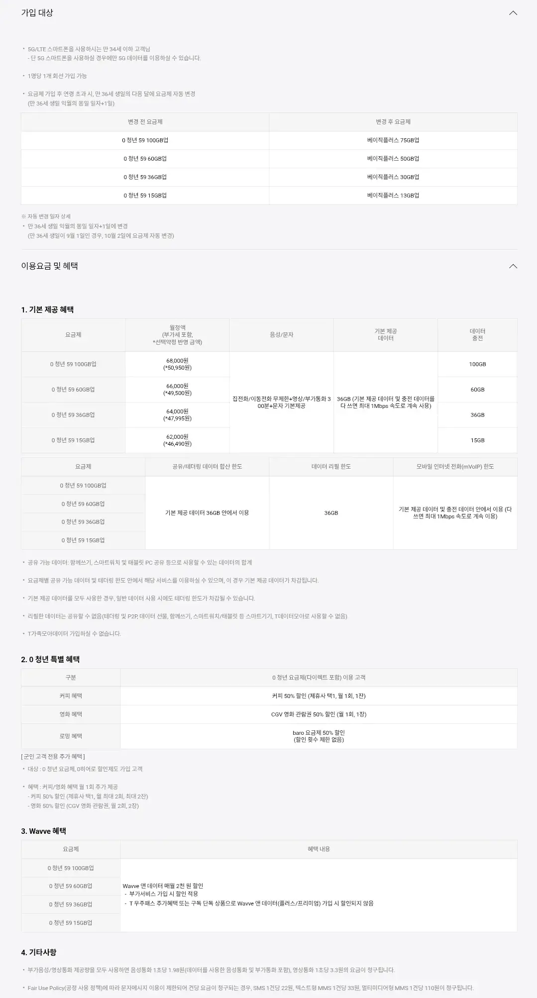 SKT 0청년59 요금제별 이용요금, 음성/문자, 공유데이터, 혜택 등 안내