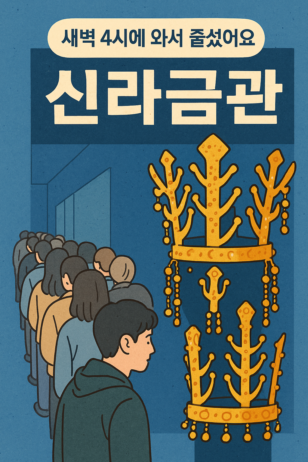 신라 금관 특별전 앞에 새벽부터 줄 선 관람객과 전시된 금관 일러스트