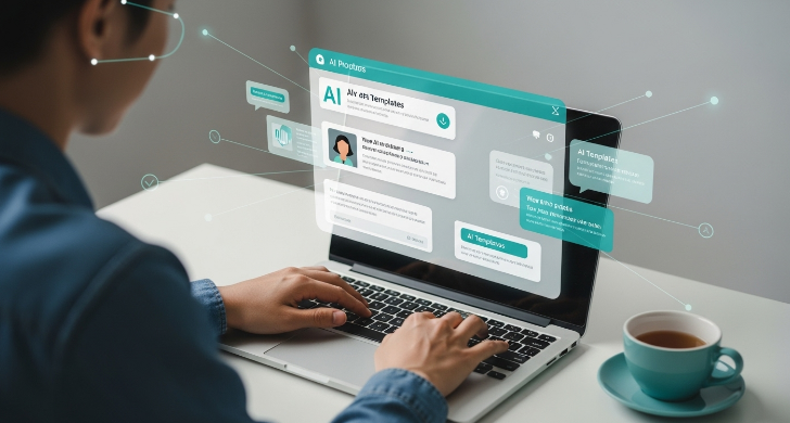 노트북으로 AI 도구를 활용하여 이메일 및 SNS 답변 템플릿을 생성하는 모습.