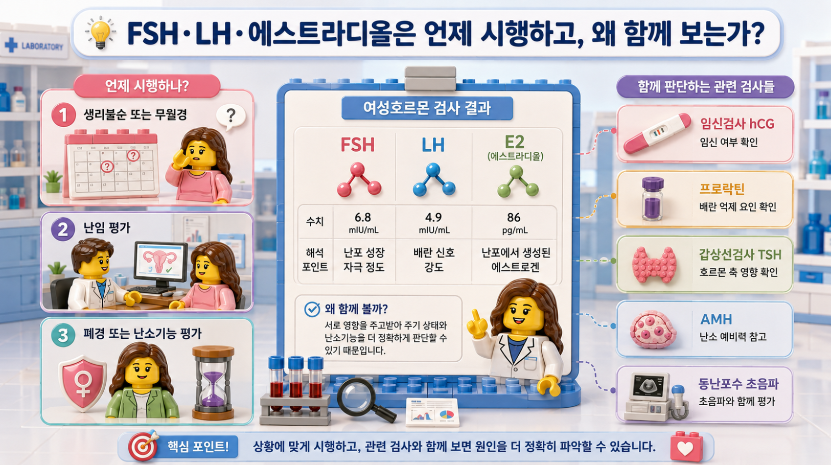 FSH&middot;LH&middot;에스트라디올 검사를 언제 시행하며 관련 검사를 함께 보는 이유를 설명하는 레고 스타일 의료 인포그래픽