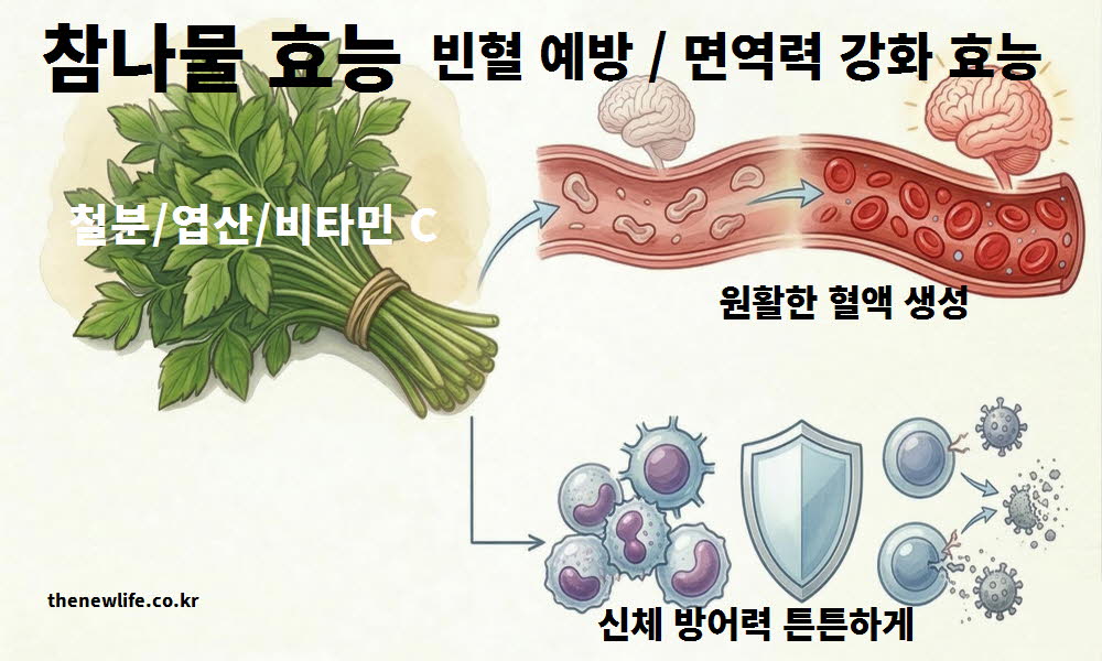 참나물 효능이 빈혈 예방과 면역력 강화에 도움을 주는 원리를 설명하는 이미지