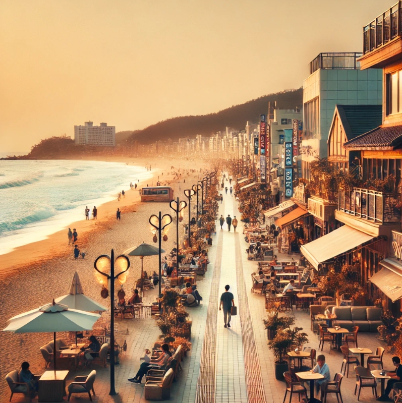 야외 좌석 공간, 해변을 따라 여유로운 산책을 즐기는 사람들로 가득한 활기찬 해안 산책로가 이미지에 담겨 있습니다