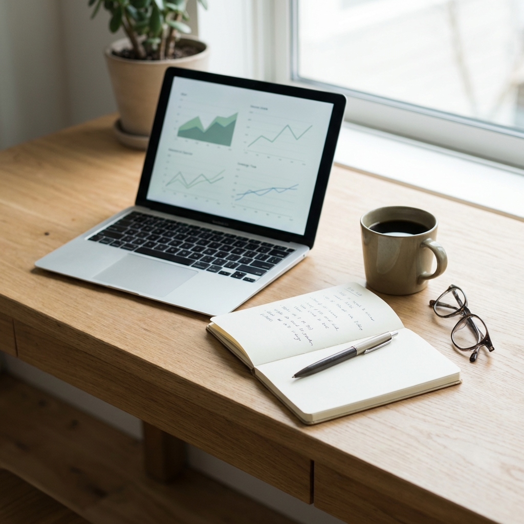 투자 전략을 고민하는 듯한 노트북 화면과 손글씨 메모, 커피잔이 놓인 차분하고 정돈된 금융 작업 공간