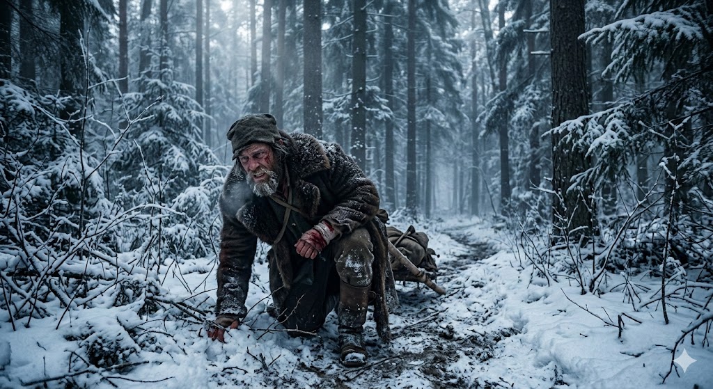 레오나르도 디카프리오가 눈 덮인 숲속에서 상처 입은 몸을 이끌고 기어가는 처절한 생존 장면