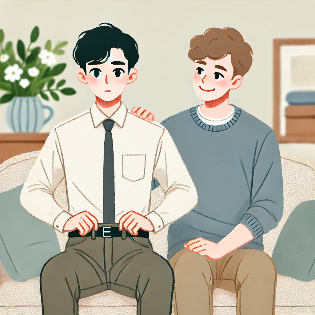 부모님을 만나기 전 거실에서 긴장한 듯 준비하는 커플, 한 명은 옷을 정리하고 다른 한 명은 안심