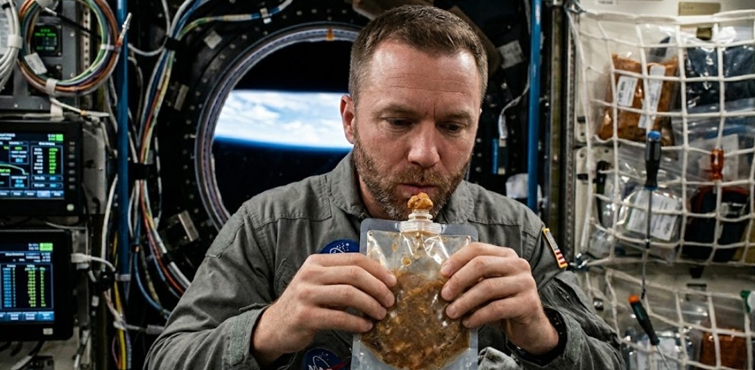 우주 식량의 실체: 식감과 맛보다는 무중력 환경에서의 안전을 위해 파우치 형태로 제작된 우주인의 식사 장면