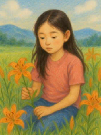 소녀가 들판에 앉아 하늘말나리꽃을 손에 들고 보고 있는 장면