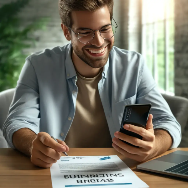 정부 창업지원금 승인 알림을 받고 기뻐하는 창업자, 스마트폰을 보며 환한 미소