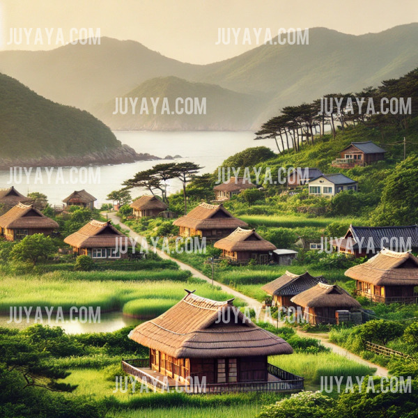 A peaceful view of traditional Korean houses on Cheongsando Island surrounded by greenery.