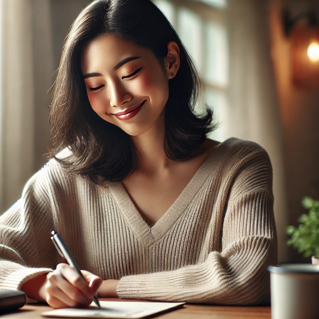 작은 목표를 달성하고 만족스러운 미소를 지으며 체크리스트에 체크하는 사람의 모습