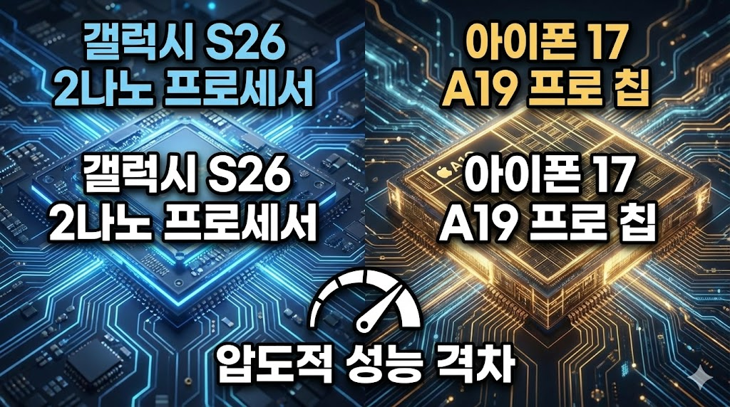 갤럭시 S26과 아이폰 17의 2나노 차세대 프로세서 내부 회로 비교 도표 이미지