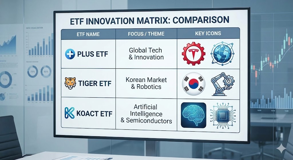 3가지 ETF의 특징을 '투자 성향'별로 분류한 매트릭스 이미지. (ex: 글로벌파=Plus / 애국파=Tiger / AI파=Koact) 각 상품의 핵심 로고와 대표 종목이 매칭된 인포그래픽