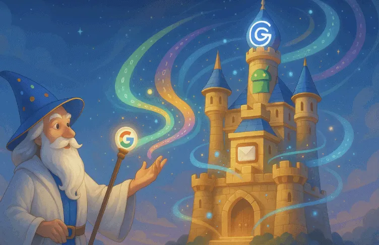 구글 마법사가 무지개빛 데이터 흐름을 통해 AI 마법 성을 짓는 모습. 성에는 Gmail, Android, Google 로고가 각 층에 배치되어 있으며, 픽사풍 스타일로 밝고 귀엽게 표현된 이미지. (Pixar-style illustration of a Google wizard conjuring a magical AI castle using rainbow data streams, with Gmail, Android, and Google icons on each tower)
