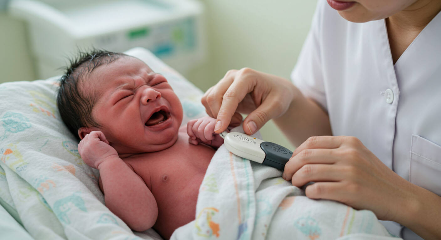 간호사가 울고 있는 아이를 검사하고 있다