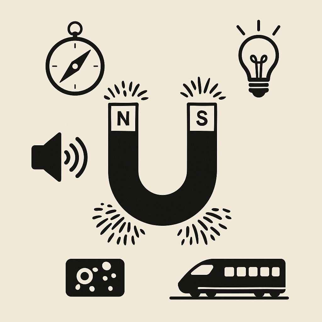 U자형 자석을 중심으로 나침반, 전구, 스피커, 열차 아이콘이 배치된 자석 응용 일러스트