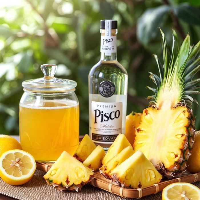 피스코 펀치 재료 - 피스코, 파인애플 시럽, 신선한 레몬과 파인애플
