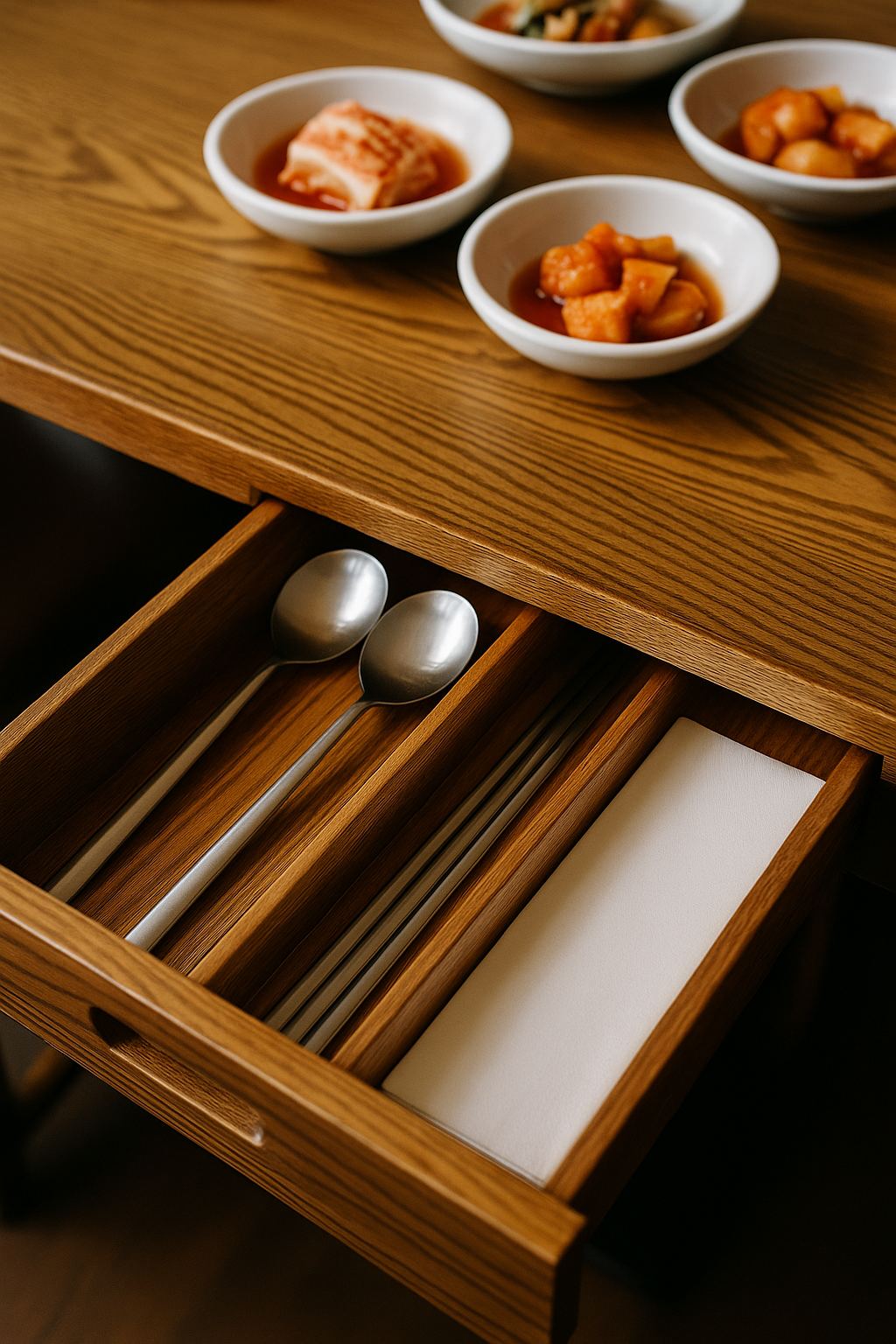 An open wooden cutlery drawer in a Korean restaurant, divided into three compartments: one holding stainless steel spoons, one holding chopsticks, and the third containing neatly folded white napkins.