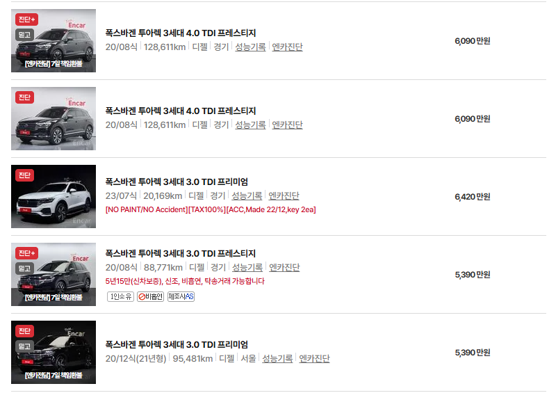 폭스바겐 투아렉 중고차 가격 시세표 연비