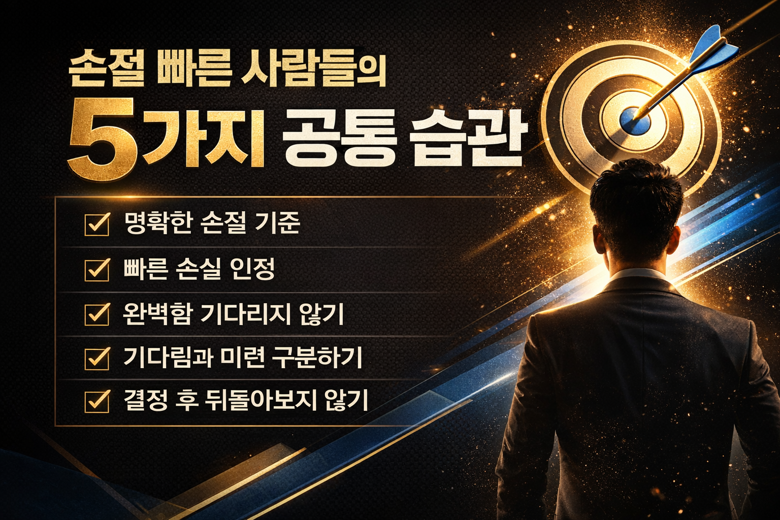 손절이 빠른 사람들의 5가지 공통 습관을 상징하는 타깃과 실루엣 이미지