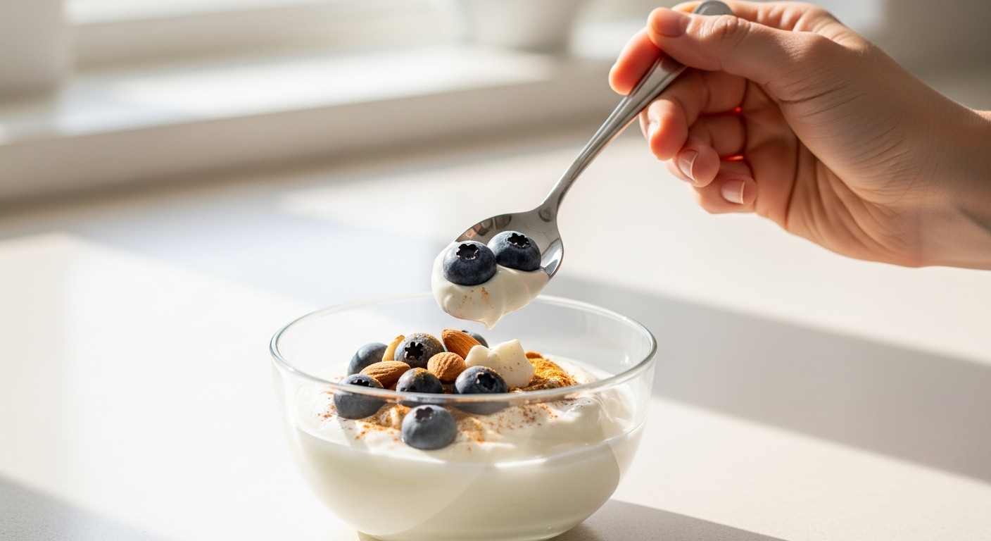 신선한 블루베리와 아몬드가 토핑된 무가당 그릭 요거트가 담긴 유리 그릇과 숟가락.